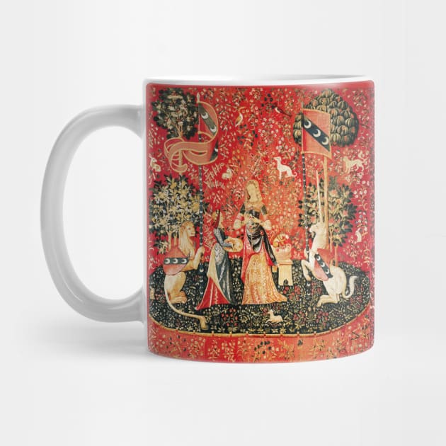 LADY AND UNICORN ,SMELL ,Lion,Fantasy Flowers,Animals Red Green Floral by BulganLumini